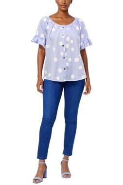 Coin 1804 Polka Dot Button Front Ruffle Sleeve Top Blue Size 2X 3512